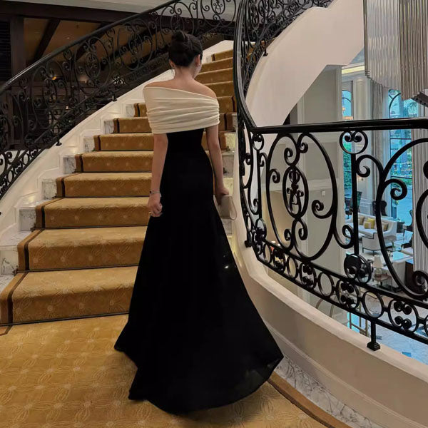 Carol French Elegance Off-Shoulder Contrast Evening Dress