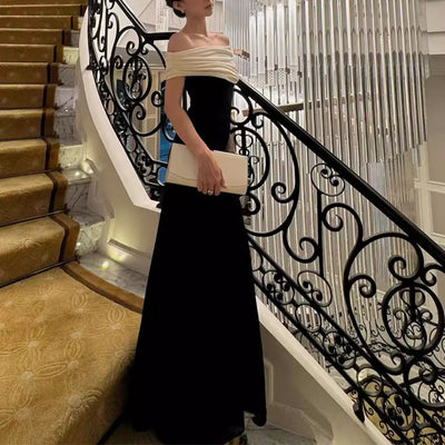 Carol French Elegance Off-Shoulder Contrast Evening Dress