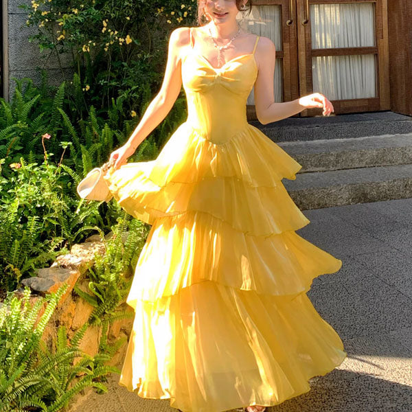 Elina Romantic Yellow Tiered Spaghetti Straps Ruffles Dress M