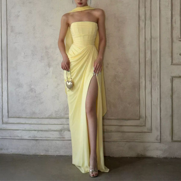 Elysia Yellow Strapless Corset Ruched Drape Evening Dress S / Dress & Scarf