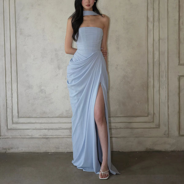 Elysia Pastel Blue Strapless Corset Ruched Drape Evening Dress L / Dress Only