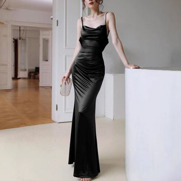 Yulianna Spaghetti Strap Cowl Back w Lace Evening Dress