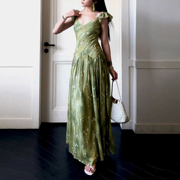 Kylie Flora Whisper Olive Green Maxi Dress