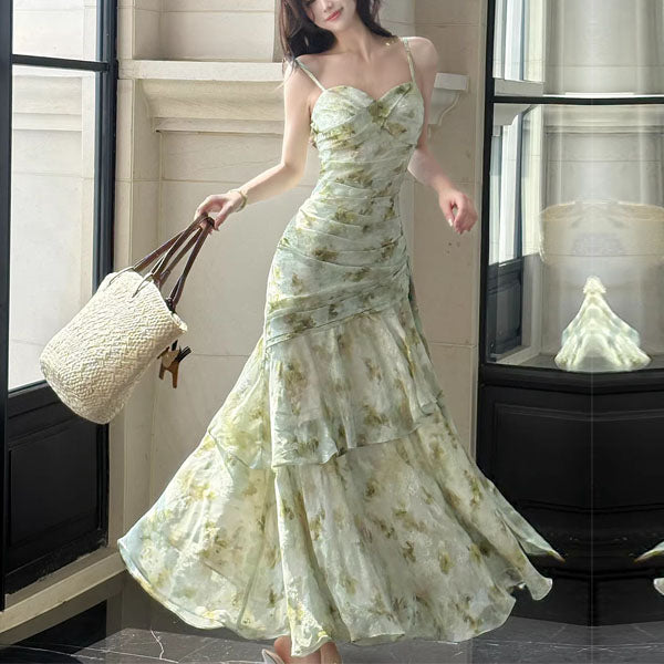 ruched layered dress Arrisa Romantic Sage Floral Ruched Layered Evening Dress XS