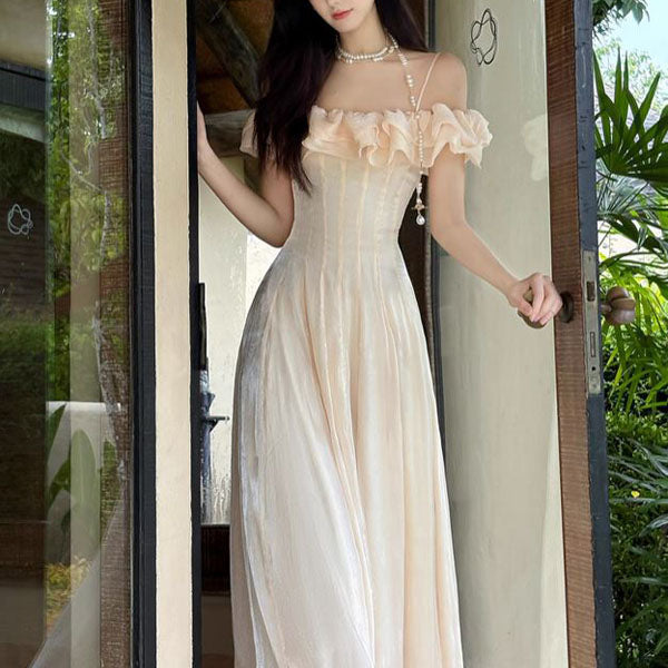 Melinda Off Shoulder Blush Ruffle Maxi Dress S