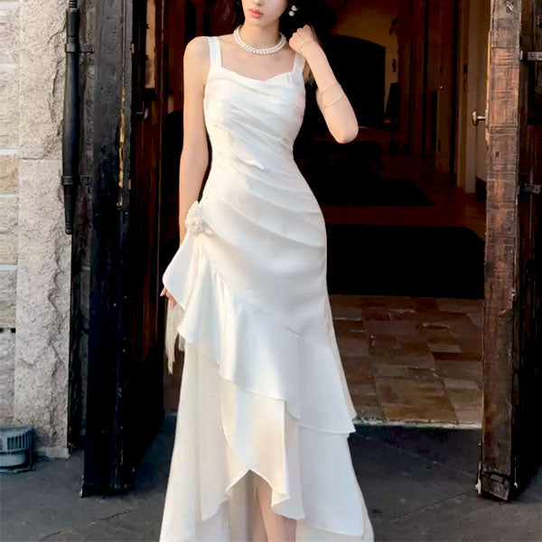 Gabriella Ivory Hi-Lo Tiered Ruffles Maxi Dress XS