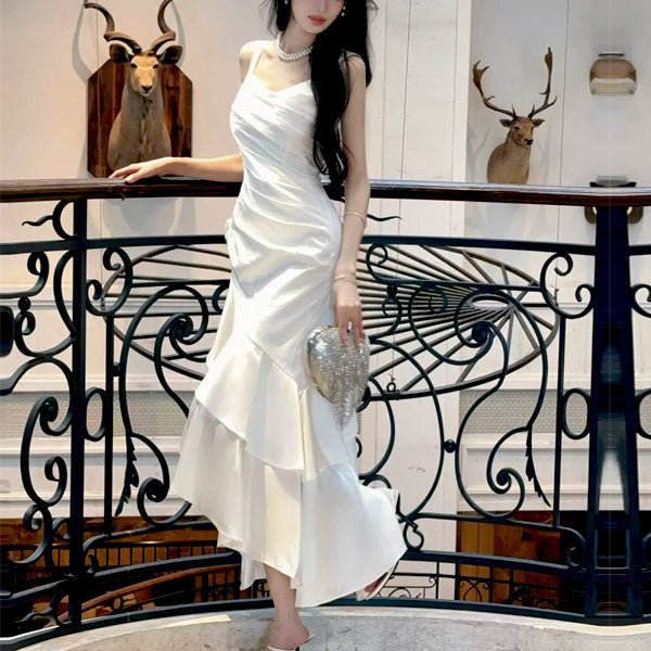 Gabriella Ivory Hi-Lo Tiered Ruffles Maxi Dress XS