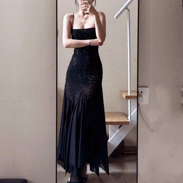 Ann Embellished Glitter Bodycon Pixie Hem Maxi Dress L / Black Ann Embellished Glitter Bodycon Pixie Hem Maxi Dress L / Black