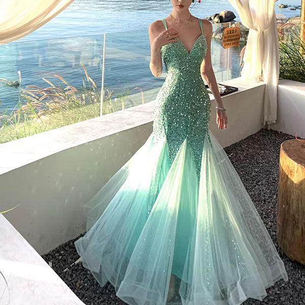 sequin lace up mermaid formal dress Anabella Sequin Mermaid Lace-Up Back Evening Dress S / Mint