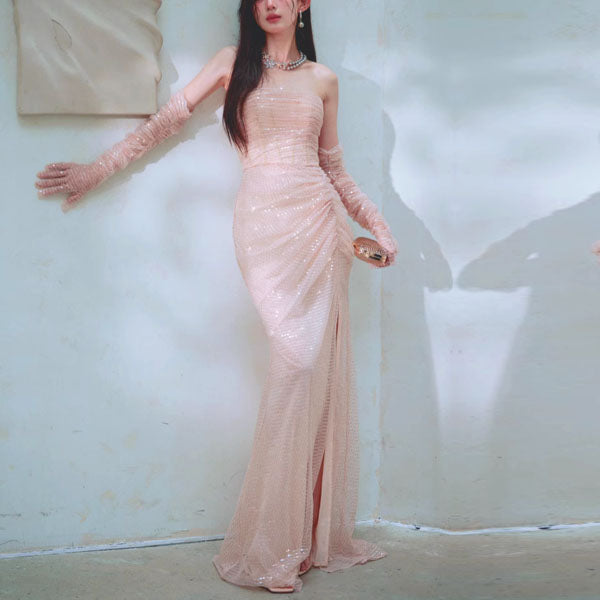 Felicia Elegant Strapless Sequin Mermaid Maxi Dress S Felicia Elegant Strapless Sequin Mermaid Maxi Dress S