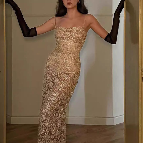 Angela Golden Bloom Floral Motif Evening Dress