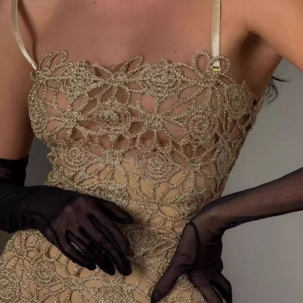 Angela Golden Bloom Floral Motif Evening Dress