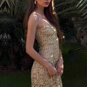 Angela Golden Bloom Floral Motif Evening Dress
