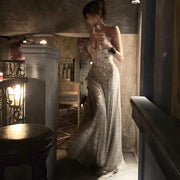 Lora Sparkle Gold Lace Back Evening Dress