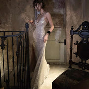 Lora Sparkle Gold Lace Back Evening Dress