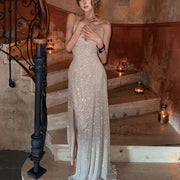 Lora Sparkle Gold Lace Back Evening Dress