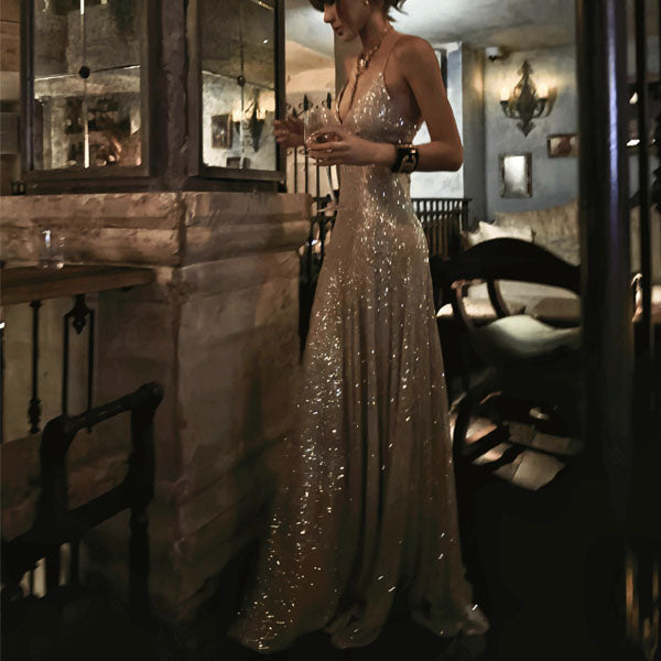 Lora Sparkle Gold Lace Back Evening Dress