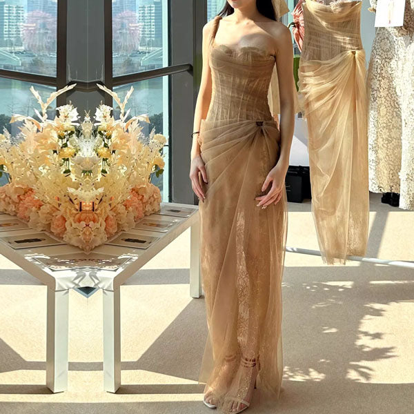 Elyssa Rare Beauty Bustier Tulle Bodycon Dress XS / Mocha Elyssa Rare Beauty Bustier Tulle Bodycon Dress XS / Mocha
