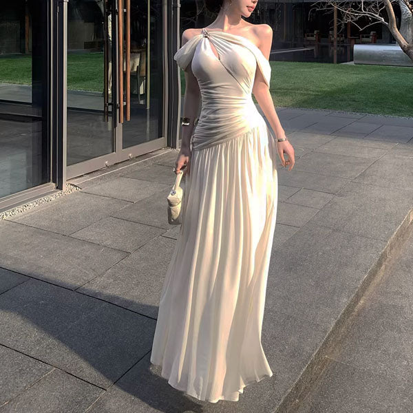 Sierra Elegant Ivory Grecian Goddess Draped Evening Dress S