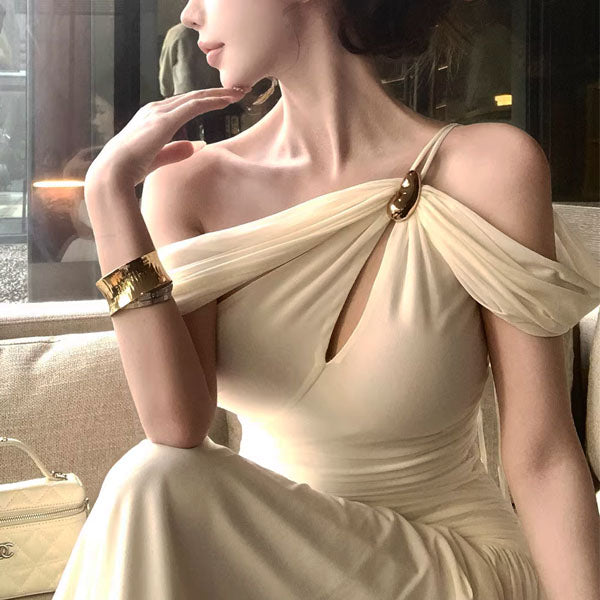 Sierra Elegant Ivory Grecian Goddess Draped Evening Dress S