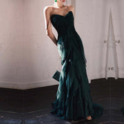 Drea Forest Green Full Ruffles Evening Dress