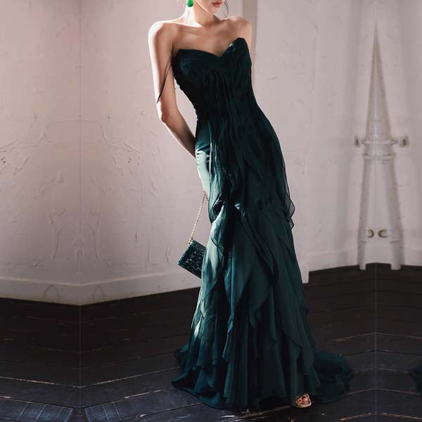 Drea Forest Green Full Ruffles Evening Dress