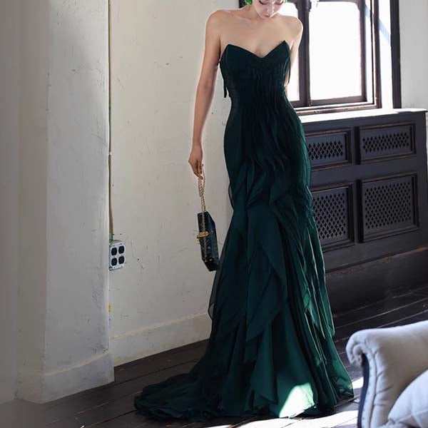 Drea Forest Green Full Ruffles Evening Dress
