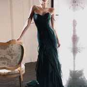 Drea Forest Green Full Ruffles Evening Dress