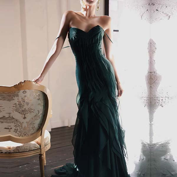 Drea Forest Green Full Ruffles Evening Dress