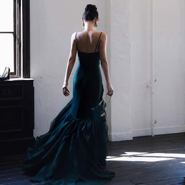 Drea Forest Green Full Ruffles Evening Dress