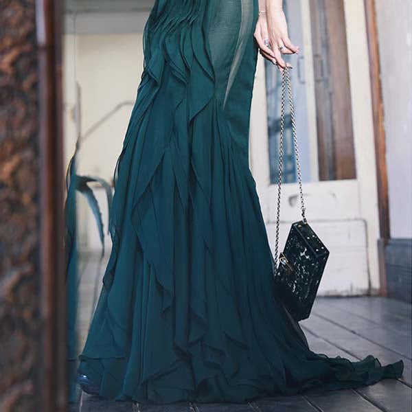 Drea Forest Green Full Ruffles Evening Dress