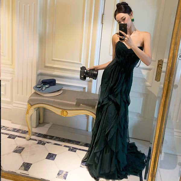 Drea Forest Green Full Ruffles Evening Dress