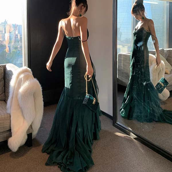 Drea Forest Green Full Ruffles Evening Dress