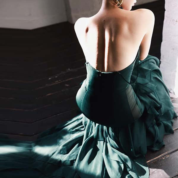 Drea Forest Green Full Ruffles Evening Dress