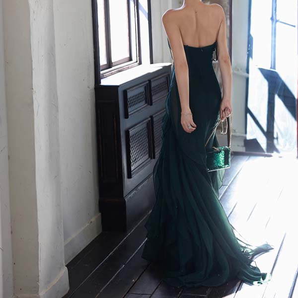 Drea Forest Green Full Ruffles Evening Dress