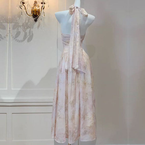 Harlow Romantic Blossom Gold Embroidery Halter Dress