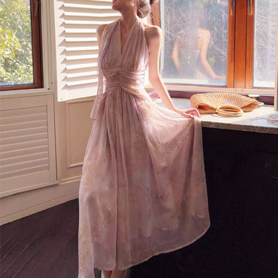 Harlow Romantic Blossom Gold Embroidery Halter Dress