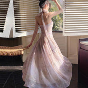 Harlow Romantic Blossom Gold Embroidery Halter Dress