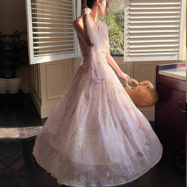 Harlow Romantic Blossom Gold Embroidery Halter Dress