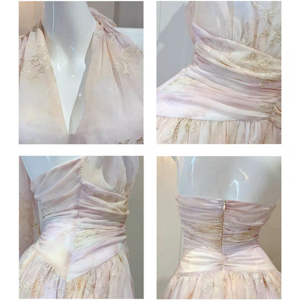 Harlow Romantic Blossom Gold Embroidery Halter Dress