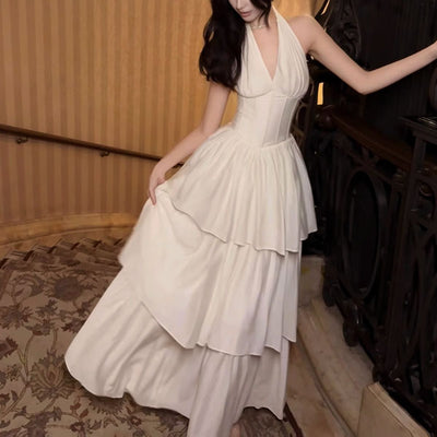 Rita Elegant Ivory Halter Layered Maxi Dress