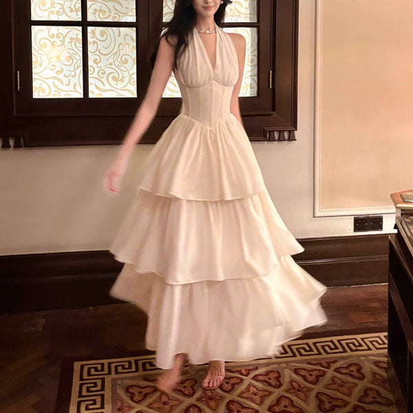 Rita Elegant Ivory Halter Layered Maxi Dress