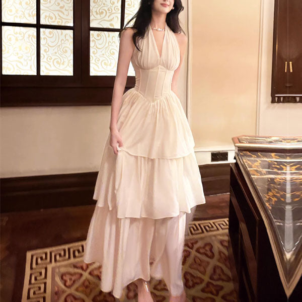 Rita Elegant Ivory Halter Layered Maxi Dress