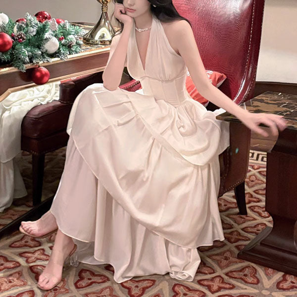 Rita Elegant Ivory Halter Layered Maxi Dress