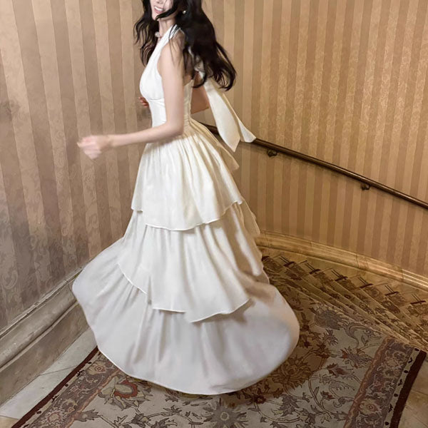 Rita Elegant Ivory Halter Layered Maxi Dress