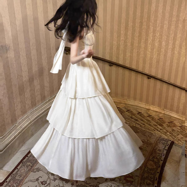Rita Elegant Ivory Halter Layered Maxi Dress