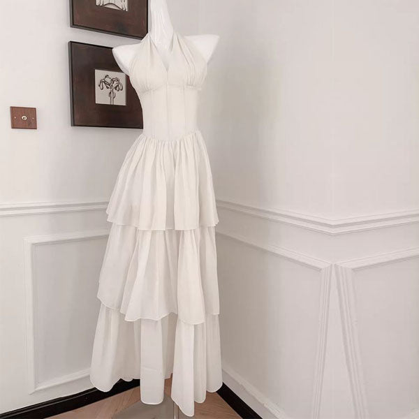 Rita Elegant Ivory Halter Layered Maxi Dress
