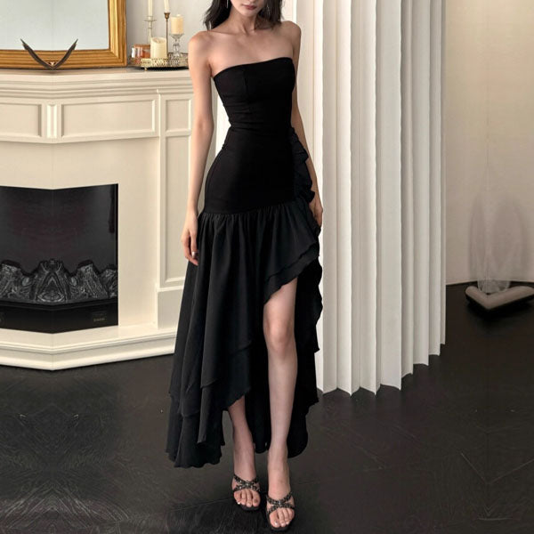 black high low strapless dress Monroe Strapless Gown w/ Side Sash- Black Moda Glam Boutique