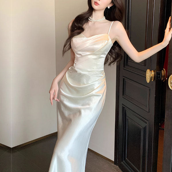 ivory spaghetti strap dress Lunnia Satin Draped Evening – The Wildflower Shop extended