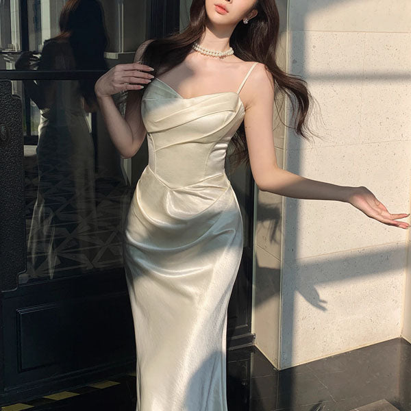 silk spaghetti strap dress Pink Satin Mermaid With Slit Prom Dresses, CP1172 US0 / As Pic or formal evening events Dusty Rose Spaghetti Strap Cowl